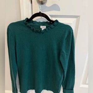 J. Crew Green Ruffle Crew Cotton Sweater M